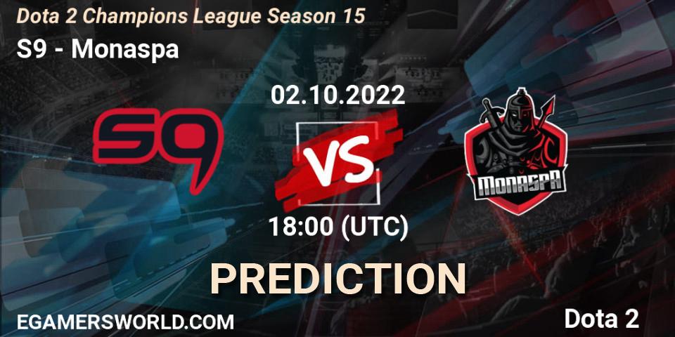 S9 vs Monaspa: Betting TIp, Match Prediction. 02.10.2022 at 18:01. Dota 2, Dota 2 Champions League Season 15