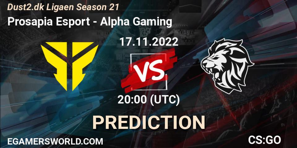 Prosapia Esport vs Alpha Gaming: Betting TIp, Match Prediction. 17.11.2022 at 20:00. Counter-Strike (CS2), Dust2.dk Ligaen Season 21