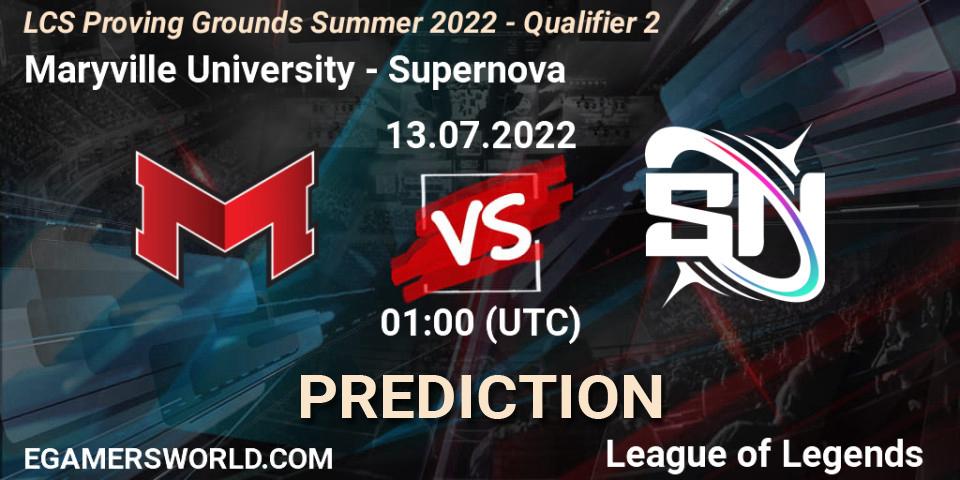 Maryville University vs Supernova: Betting TIp, Match Prediction. 13.07.2022 at 01:00. LoL, LCS Proving Grounds Summer 2022 - Qualifier 2