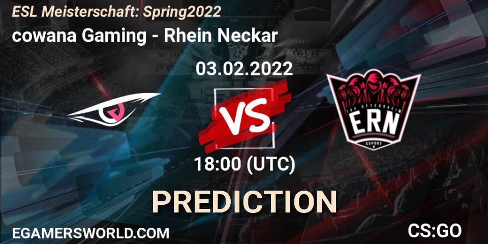 cowana Gaming vs Rhein Neckar: Betting TIp, Match Prediction. 03.02.2022 at 18:00. Counter-Strike (CS2), ESL Meisterschaft: Spring 2022