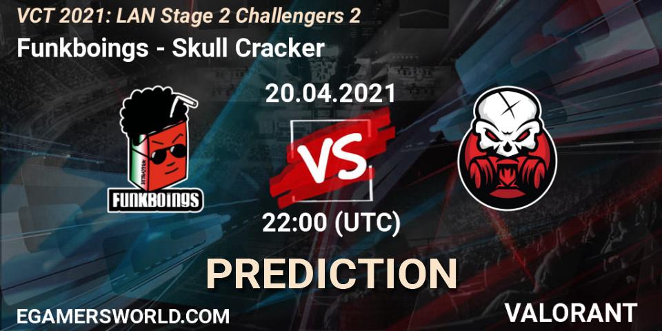 Funkboings vs Skull Cracker: Betting TIp, Match Prediction. 20.04.2021 at 22:00. VALORANT, VCT 2021: LAN Stage 2 Challengers 2