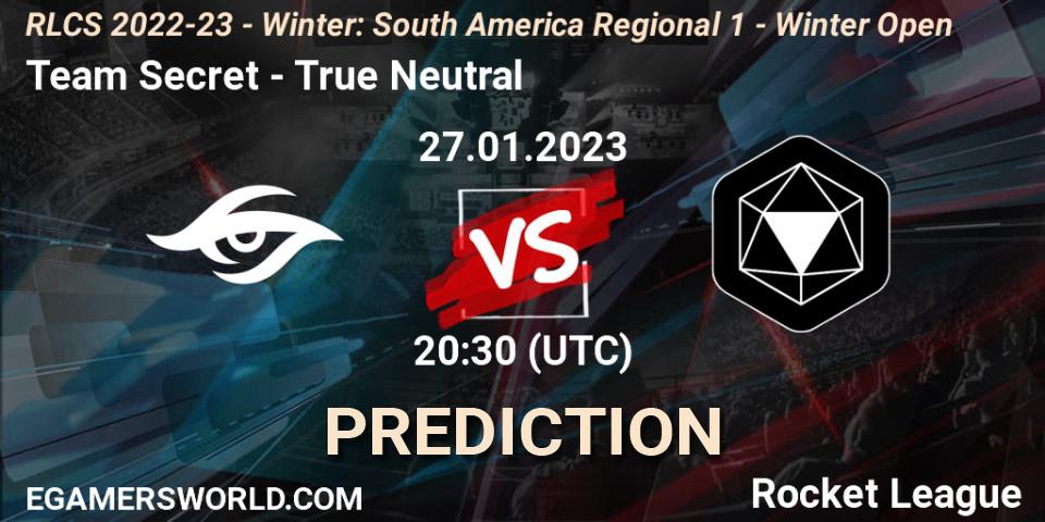 Team Secret vs True Neutral: Betting TIp, Match Prediction. 27.01.2023 at 20:30. Rocket League, RLCS 2022-23 - Winter: South America Regional 1 - Winter Open