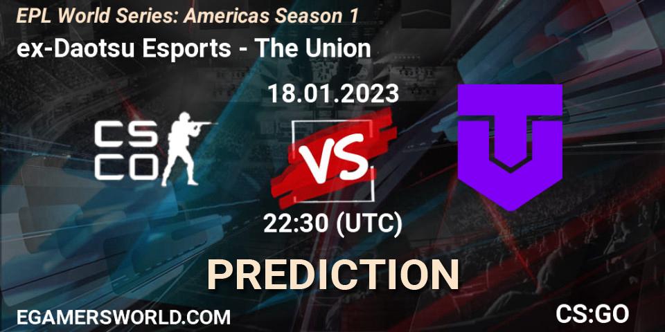 ex-Daotsu Esports vs The Union: Betting TIp, Match Prediction. 19.01.2023 at 19:00. Counter-Strike (CS2), EPL World Series: Americas Season 1