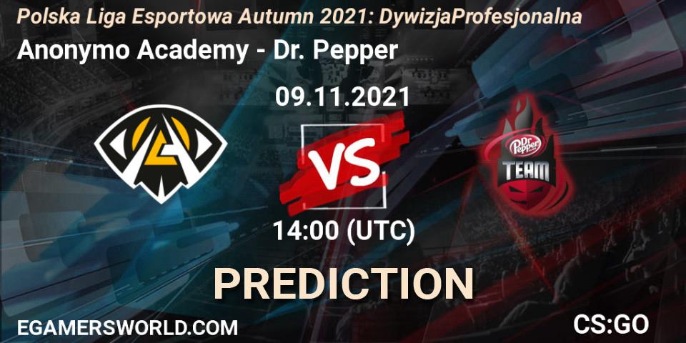 Anonymo Academy vs Dr. Pepper: Betting TIp, Match Prediction. 09.11.2021 at 20:20. Counter-Strike (CS2), Polska Liga Esportowa Autumn 2021: Dywizja Profesjonalna