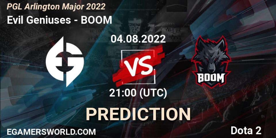 Evil Geniuses vs BOOM: Betting TIp, Match Prediction. 04.08.2022 at 21:58. Dota 2, PGL Arlington Major 2022 - Group Stage