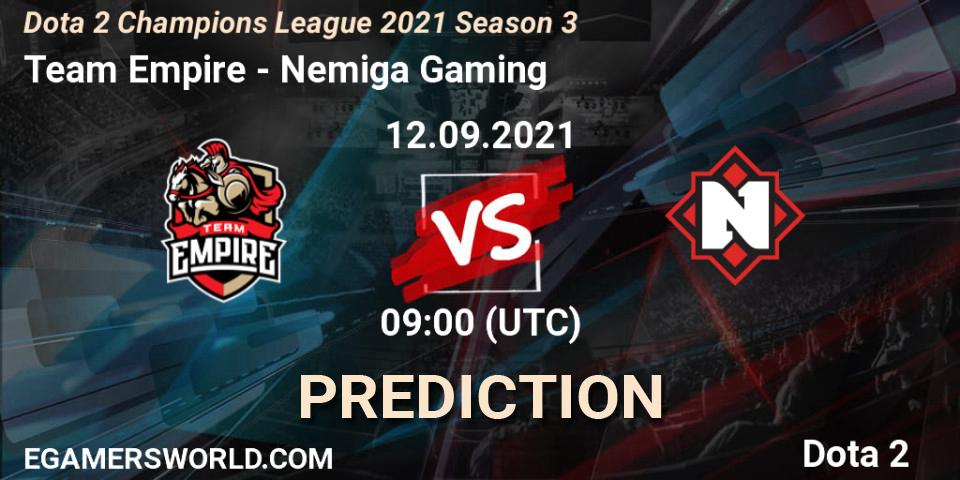 Team Empire vs Nemiga Gaming: Betting TIp, Match Prediction. 12.09.2021 at 08:59. Dota 2, Dota 2 Champions League 2021 Season 3