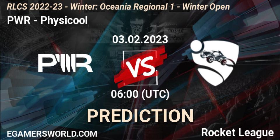 PWR vs Physicool: Betting TIp, Match Prediction. 03.02.2023 at 06:00. Rocket League, RLCS 2022-23 - Winter: Oceania Regional 1 - Winter Open