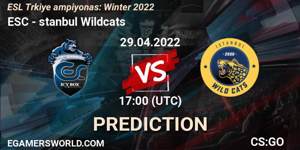 ESC vs İstanbul Wildcats: Betting TIp, Match Prediction. 29.04.2022 at 17:00. Counter-Strike (CS2), ESL Türkiye Şampiyonası: Winter 2022