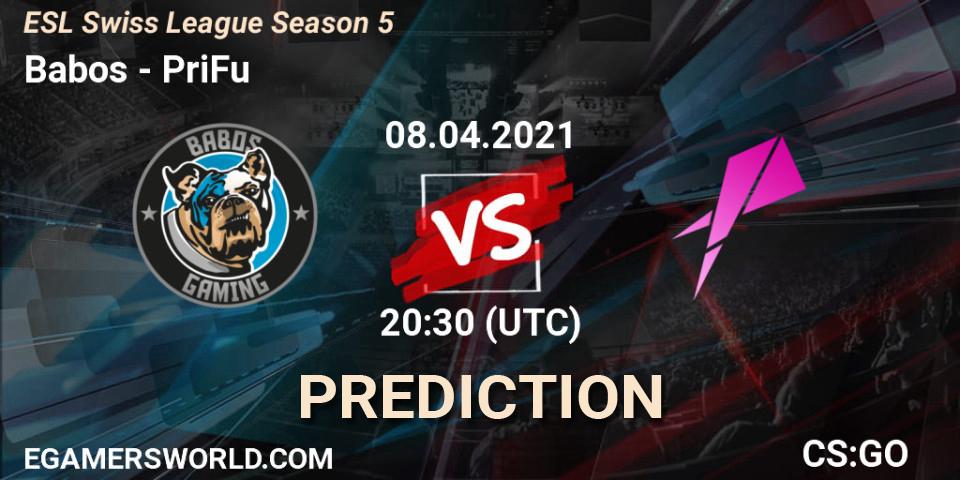 Babos vs PriFu: Betting TIp, Match Prediction. 08.04.2021 at 20:30. Counter-Strike (CS2), ESL Swiss League Season 5