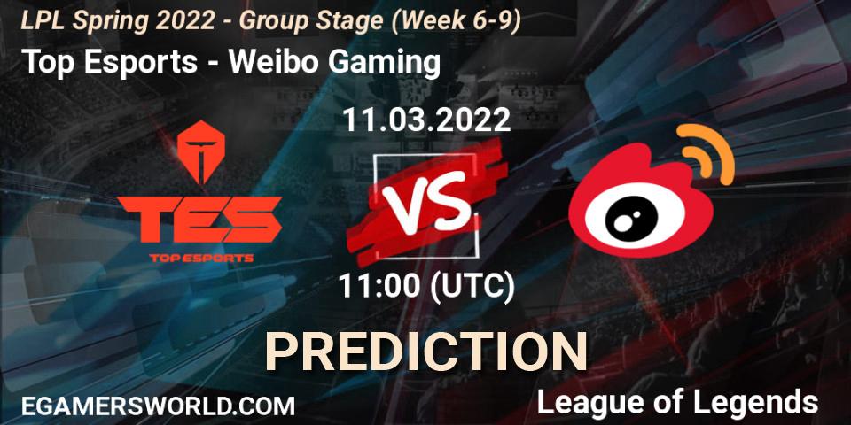Top Esports vs Weibo Gaming: Betting TIp, Match Prediction. 11.03.2022 at 11:15. LoL, LPL Spring 2022 - Group Stage (Week 6-9)
