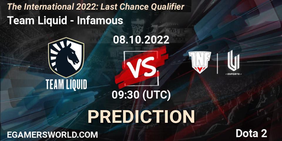 Team Liquid vs Infamous: Betting TIp, Match Prediction. 08.10.2022 at 09:36. Dota 2, The International 2022: Last Chance Qualifier