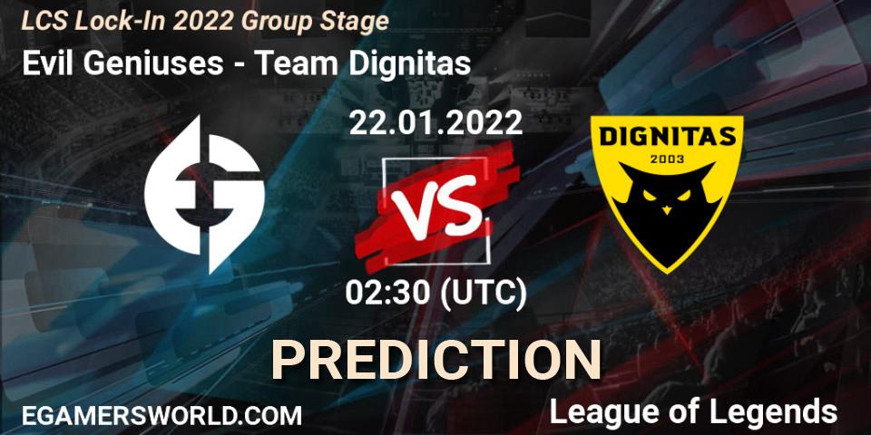 Evil Geniuses vs Team Dignitas: Betting TIp, Match Prediction. 22.01.22. LoL, LCS Lock-In 2022 Group Stage