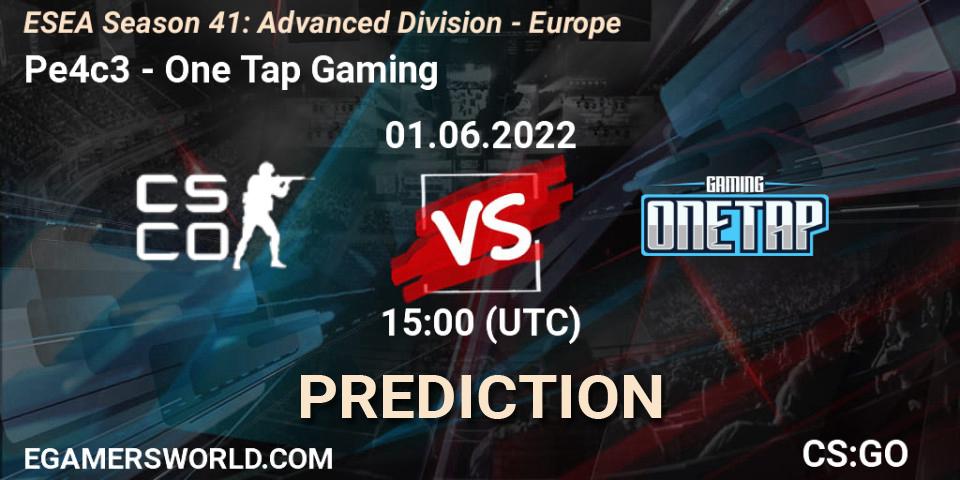 Pe4c3 vs One Tap Gaming: Betting TIp, Match Prediction. 01.06.2022 at 15:00. Counter-Strike (CS2), ESEA Season 41: Advanced Division - Europe