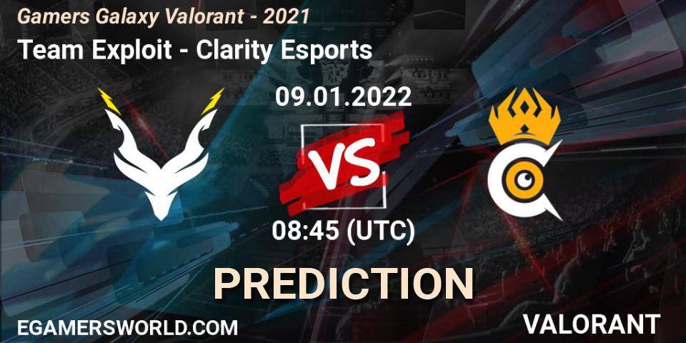 Team Exploit vs Clarity Esports: Betting TIp, Match Prediction. 09.01.2022 at 08:45. VALORANT, Gamers Galaxy Valorant - 2021