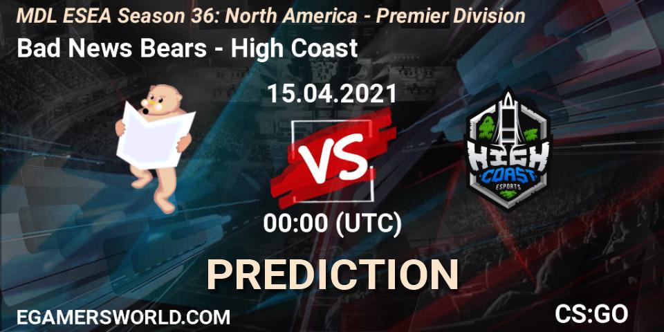 Bad News Bears vs High Coast: Betting TIp, Match Prediction. 15.04.21. CS2 (CS:GO), MDL ESEA Season 36: North America - Premier Division
