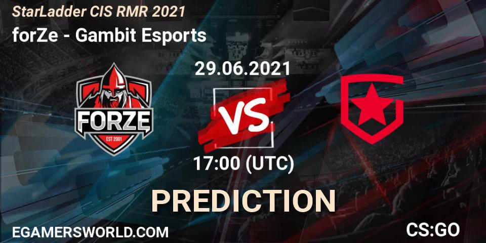 forZe vs Gambit Esports: Betting TIp, Match Prediction. 29.06.2021 at 17:00. Counter-Strike (CS2), StarLadder CIS RMR 2021