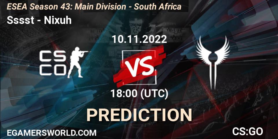 Sssst vs DNMK: Betting TIp, Match Prediction. 10.11.2022 at 18:00. Counter-Strike (CS2), ESEA Season 43: Main Division - South Africa