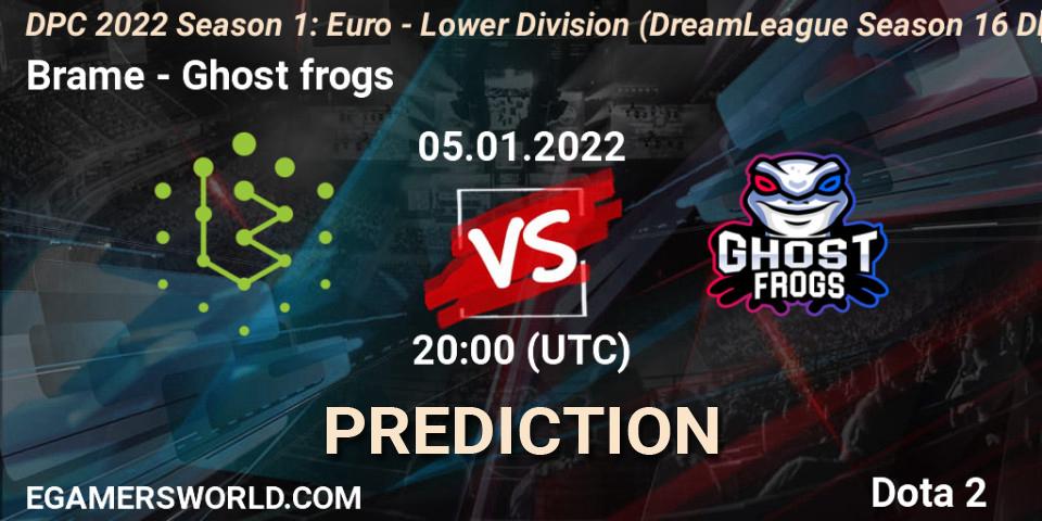 Brame vs Ghost frogs: Betting TIp, Match Prediction. 05.01.2022 at 20:25. Dota 2, DPC 2022 Season 1: Euro - Lower Division (DreamLeague Season 16 DPC WEU)