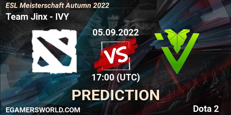 Team Jinx vs IVY: Betting TIp, Match Prediction. 05.09.2022 at 17:01. Dota 2, ESL Meisterschaft Autumn 2022