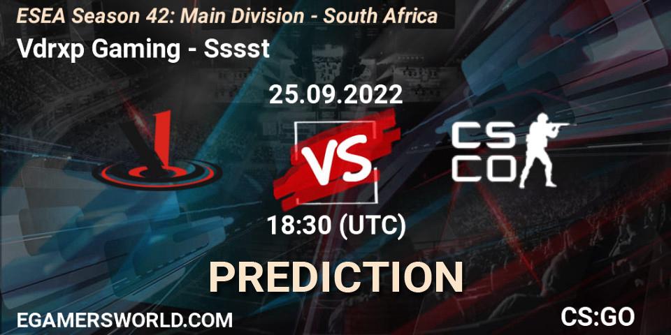 Vdrxp Gaming vs Sssst: Betting TIp, Match Prediction. 25.09.22. CS2 (CS:GO), ESEA Season 42: Main Division - South Africa