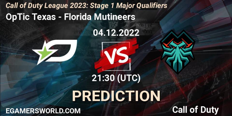 OpTic Texas vs Florida Mutineers: Betting TIp, Match Prediction. 04.12.2022 at 21:30. Call of Duty, Call of Duty League 2023: Stage 1 Major Qualifiers