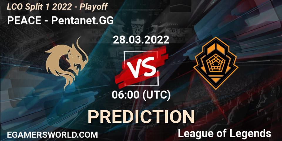 PEACE vs Pentanet.GG: Betting TIp, Match Prediction. 28.03.2022 at 05:30. LoL, LCO Split 1 2022 - Playoff