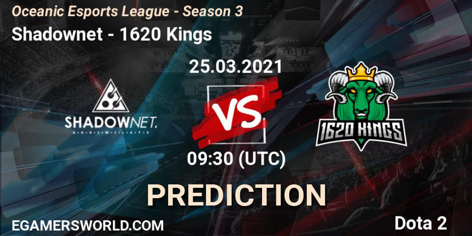 Shadownet vs 1620 Kings: Betting TIp, Match Prediction. 25.03.2021 at 09:58. Dota 2, Oceanic Esports League - Season 3