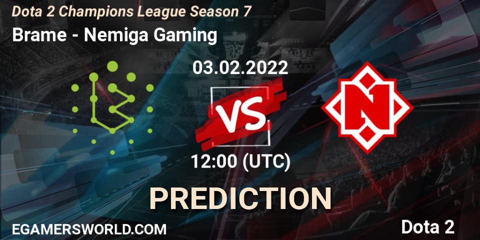 Brame vs Nemiga Gaming: Betting TIp, Match Prediction. 03.02.2022 at 12:03. Dota 2, Dota 2 Champions League 2022 Season 7