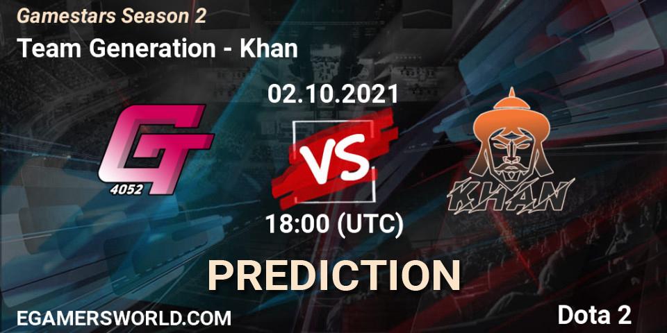Team Generation vs Khan: Betting TIp, Match Prediction. 02.10.2021 at 14:57. Dota 2, Gamestars Season 2