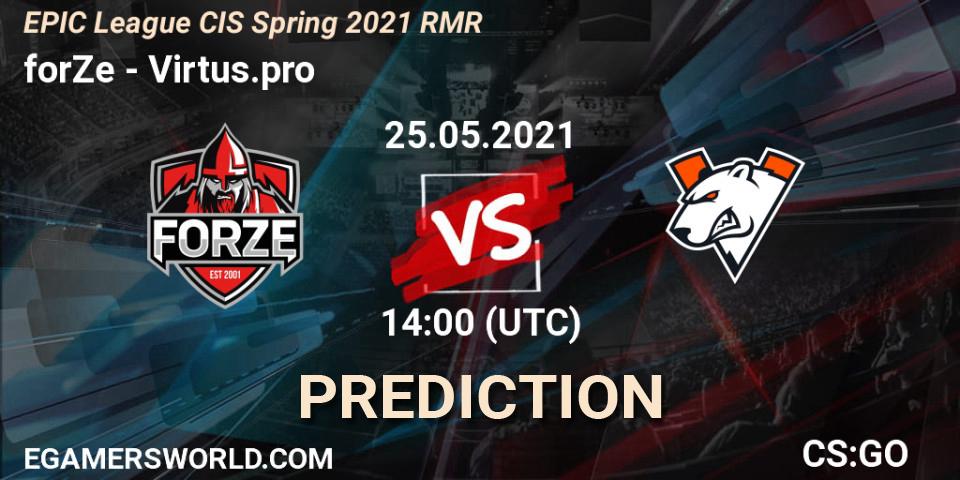 forZe vs Virtus.pro: Betting TIp, Match Prediction. 25.05.2021 at 14:00. Counter-Strike (CS2), EPIC League CIS Spring 2021 RMR