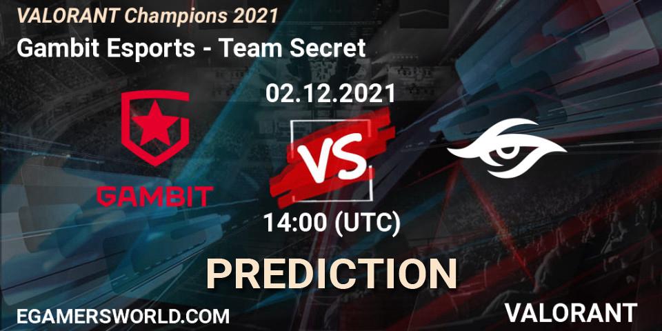 Gambit Esports vs Team Secret: Betting TIp, Match Prediction. 02.12.2021 at 14:00. VALORANT, VALORANT Champions 2021