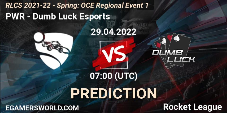 PWR vs Dumb Luck Esports: Betting TIp, Match Prediction. 29.04.2022 at 07:00. Rocket League, RLCS 2021-22 - Spring: OCE Regional Event 1