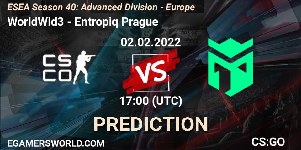 WorldWid3 vs Entropiq Prague: Betting TIp, Match Prediction. 02.02.2022 at 17:00. Counter-Strike (CS2), ESEA Season 40: Advanced Division - Europe