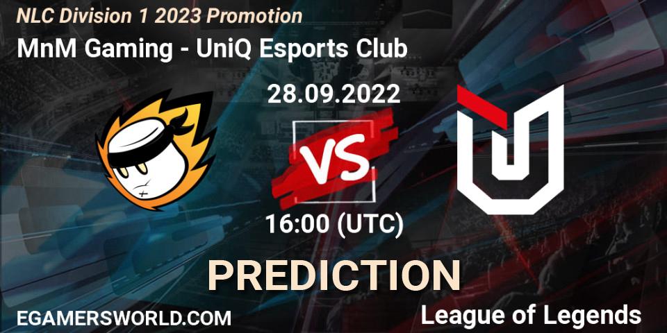 MnM Gaming vs UniQ Esports Club: Betting TIp, Match Prediction. 28.09.2022 at 16:00. LoL, NLC Division 1 2023 Promotion