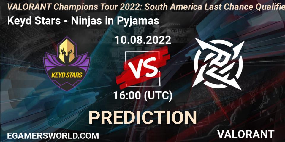 Keyd Stars vs Ninjas in Pyjamas: Betting TIp, Match Prediction. 10.08.2022 at 19:00. VALORANT, VCT 2022: South America Last Chance Qualifier