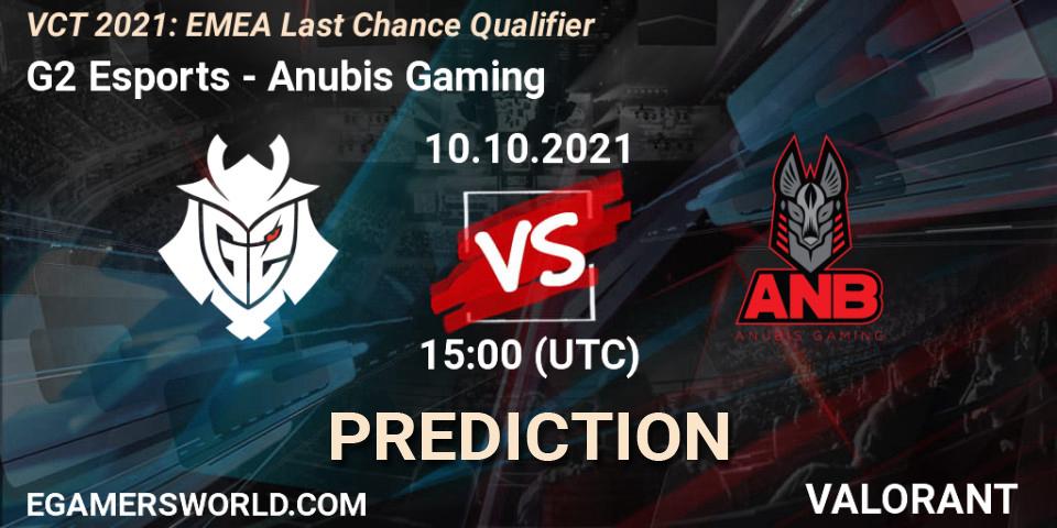 G2 Esports vs Anubis Gaming: Betting TIp, Match Prediction. 10.10.2021 at 15:00. VALORANT, VCT 2021: EMEA Last Chance Qualifier