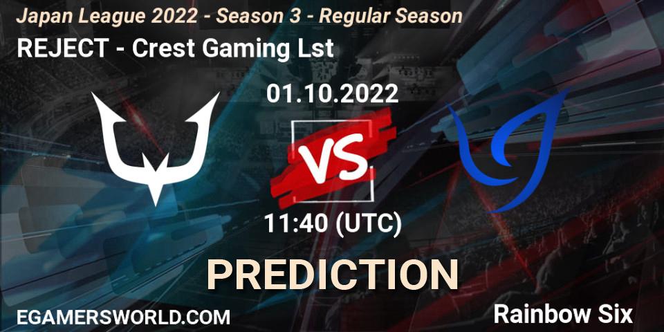 REJECT vs Crest Gaming Lst: Betting TIp, Match Prediction. 01.10.2022 at 11:40. Rainbow Six, Japan League 2022 - Season 3 - Regular Season