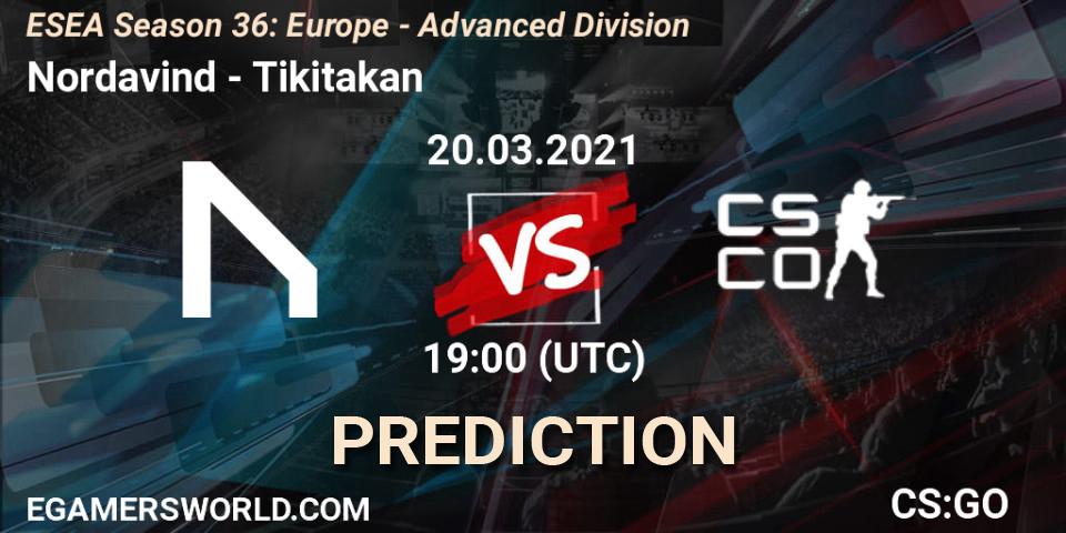 Nordavind vs Tikitakan: Betting TIp, Match Prediction. 20.03.2021 at 19:00. Counter-Strike (CS2), ESEA Season 36: Europe - Advanced Division