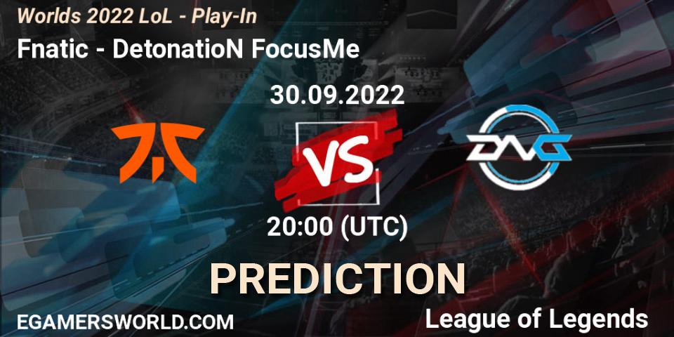Fnatic vs DetonatioN FocusMe: Betting TIp, Match Prediction. 30.09.2022 at 20:00. LoL, Worlds 2022 LoL - Play-In