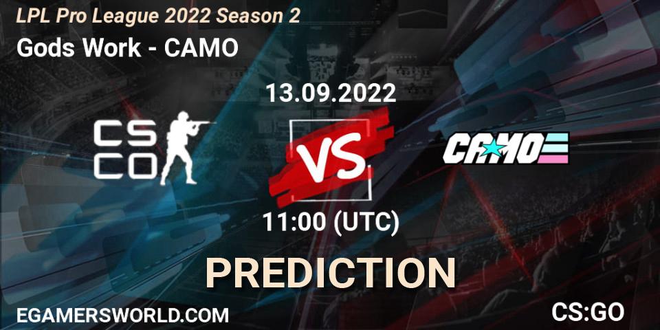 Gods Work vs CAMO: Betting TIp, Match Prediction. 20.09.2022 at 10:30. Counter-Strike (CS2), LPL Pro League 2022 Season 2