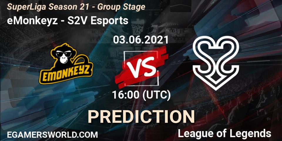 eMonkeyz vs S2V Esports: Betting TIp, Match Prediction. 03.06.21. LoL, SuperLiga Season 21 - Group Stage 