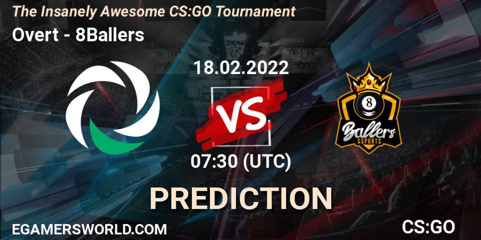 Overt vs 8Ballers: Betting TIp, Match Prediction. 18.02.2022 at 07:30. Counter-Strike (CS2), The Insanely Awesome CS:GO Tournament