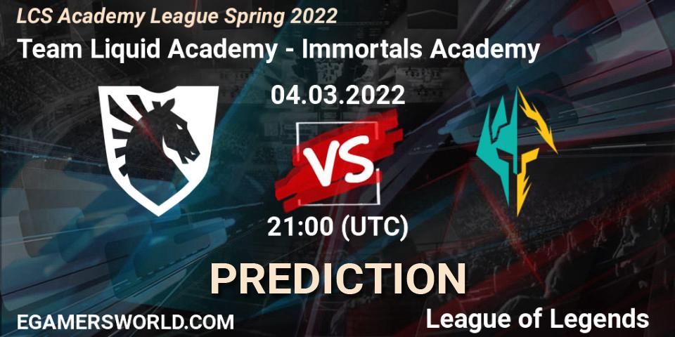 Team Liquid Academy vs Immortals Academy: Betting TIp, Match Prediction. 04.03.2022 at 21:00. LoL, LCS Academy League Spring 2022