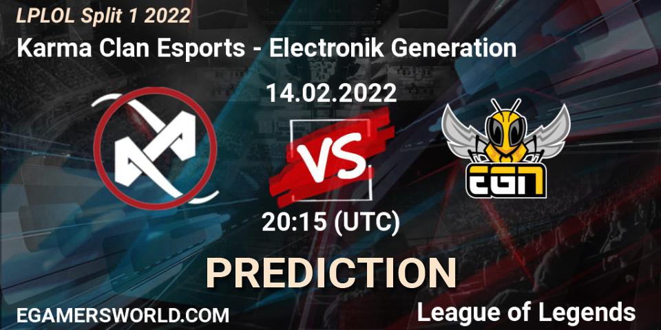 Karma Clan Esports vs Electronik Generation: Betting TIp, Match Prediction. 14.02.2022 at 20:15. LoL, LPLOL Split 1 2022