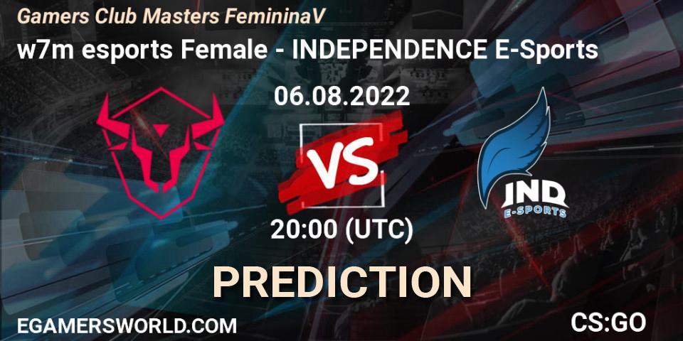 w7m esports Female vs INDEPENDENCE E-Sports: Betting TIp, Match Prediction. 06.08.2022 at 20:00. Counter-Strike (CS2), Gamers Club Masters Feminina V