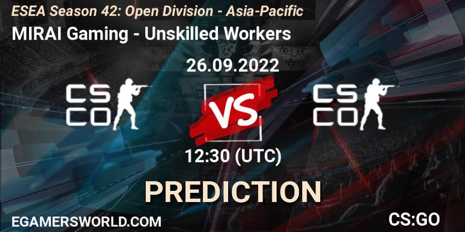 MIRAI Gaming vs Unskilled Workers: Betting TIp, Match Prediction. 27.09.2022 at 13:00. Counter-Strike (CS2), ESEA Season 42: Open Division - Asia-Pacific