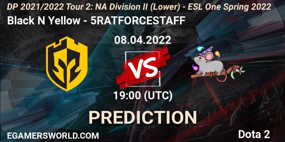 Black N Yellow vs 5RATFORCESTAFF: Betting TIp, Match Prediction. 08.04.22. Dota 2, DP 2021/2022 Tour 2: NA Division II (Lower) - ESL One Spring 2022