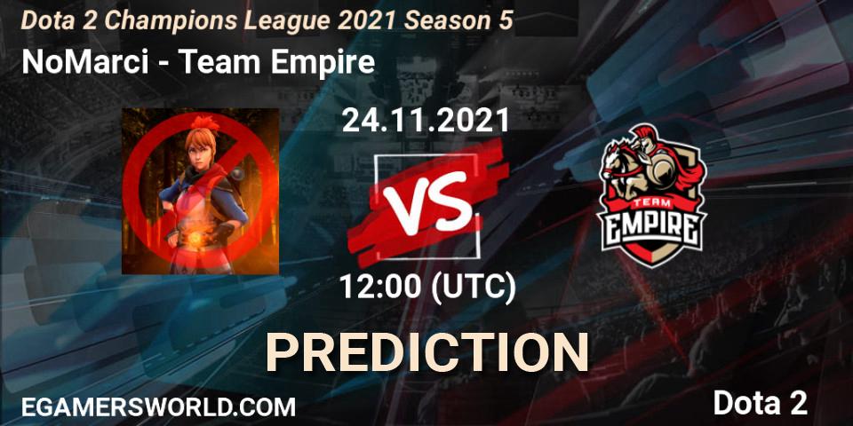 NoMarci vs Team Empire: Betting TIp, Match Prediction. 24.11.2021 at 09:01. Dota 2, Dota 2 Champions League 2021 Season 5