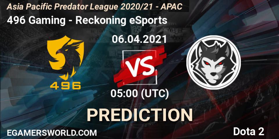 496 Gaming vs Reckoning eSports: Betting TIp, Match Prediction. 06.04.2021 at 07:41. Dota 2, Asia Pacific Predator League 2020/21 - APAC