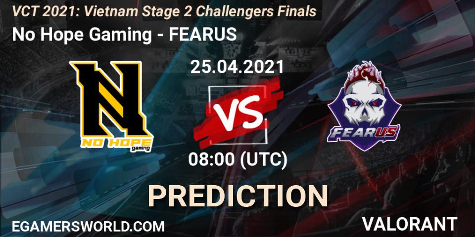 No Hope Gaming vs FEARUS: Betting TIp, Match Prediction. 25.04.2021 at 11:00. VALORANT, VCT 2021: Vietnam Stage 2 Challengers Finals